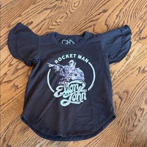 Chaser Black Rocket Man Elton John Graphic Ruffle Sleeve Tee